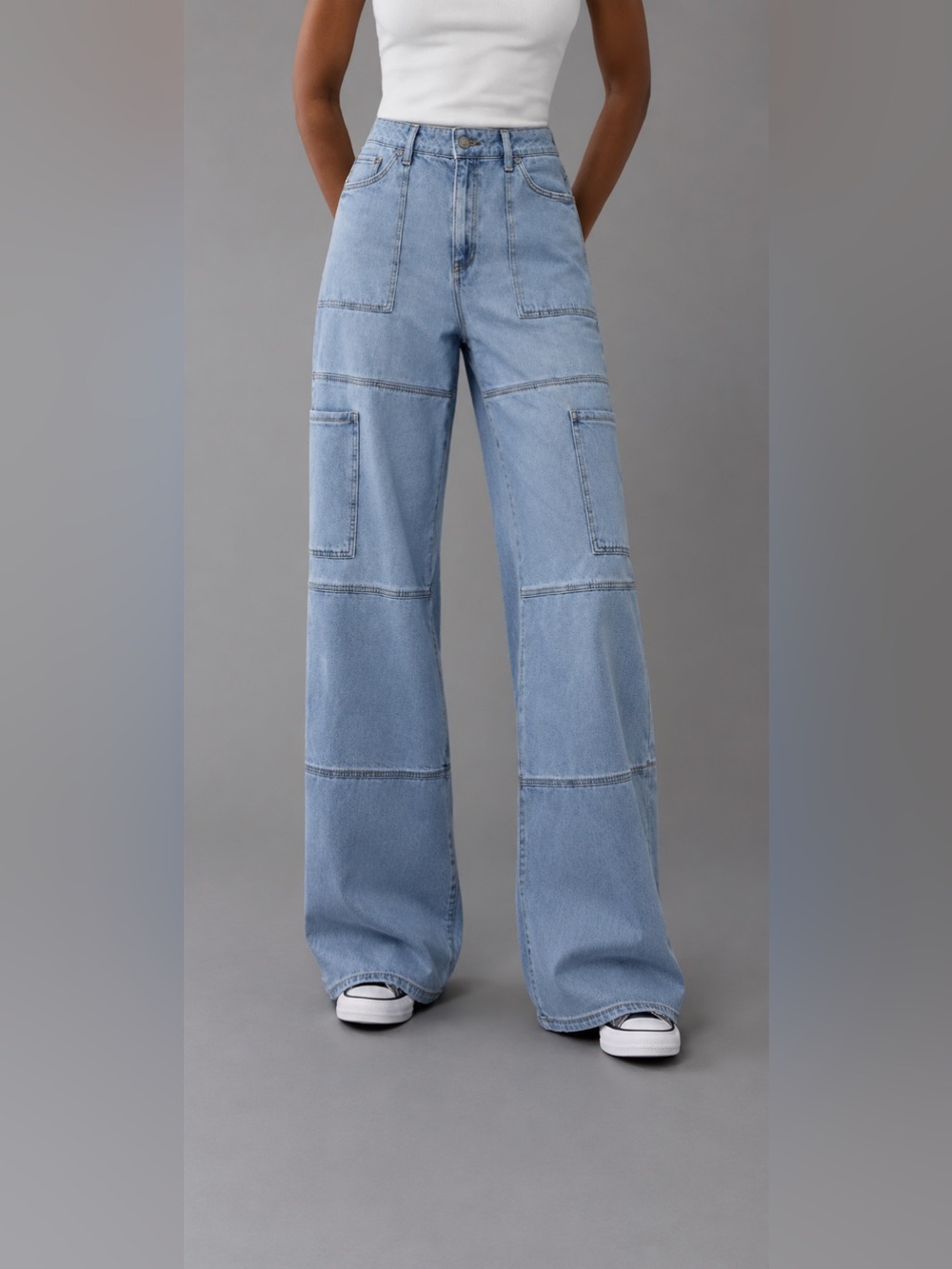 Sincerly Jules Light Blue Wide-Leg Patch Pocket Jeans